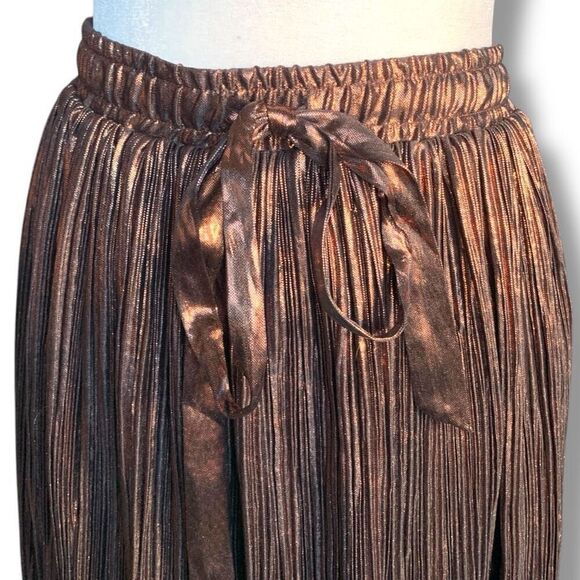 ModCloth Metallic Bronze Plisse Pleated Bow Detail Tie Front Retro Midi Skirt - Picture 2 of 8